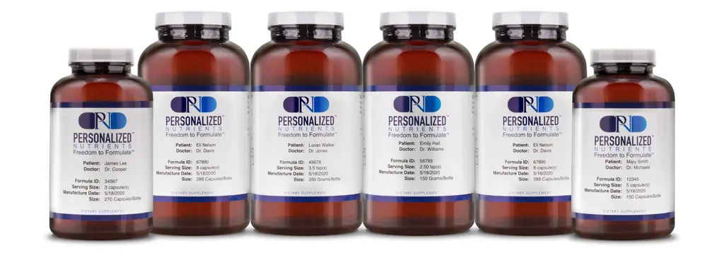 Multiple bottles of Inhouse custom supplement formulas developed by Personalized Nutrients.
